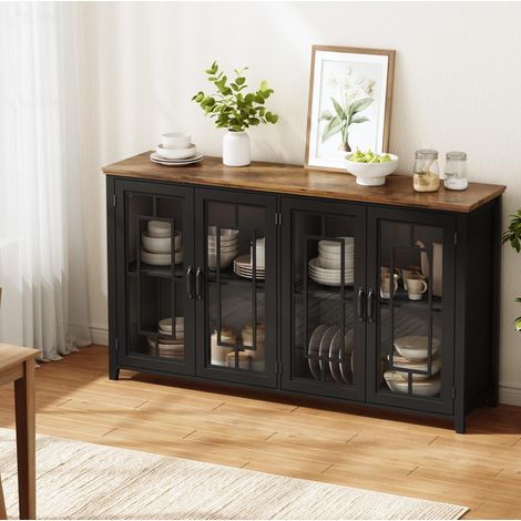 Buffet de cuisine 160x40x86 cm avec portes vitrées, grand rangement, plateau aspect bois, MDF noir (1/5)