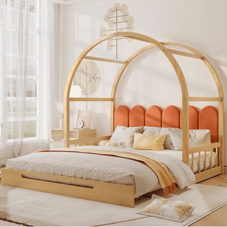 MEUBLIV Lit gigogne extensible pour enfant avec toit arqué coussin latéral protection trois côtés cadre en pin naturel et orange 140 x 100 cm 140 x 200 cm (1/5)