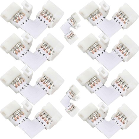 Connecteur LED Angle Droit L - 4 Broches - 10 mm - Sans Soudure - Pour Bandes LED RGB 3528/5050 - 10 Pièces (1/5)