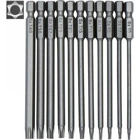 Set di 11 punte per cacciavite lunghe - punte magnetiche - attacco esagonale da 1/4" - misure da T6 a T40 - lunghezza 100 mm (1/5)