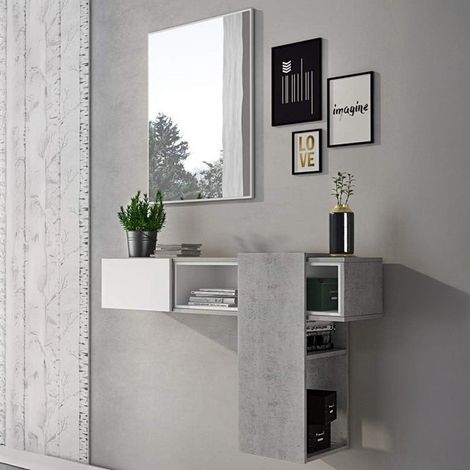 Flurmöbel Limbadi, mit Spiegel, Ablage, Garderobe, 100x31x75h cm, Beton-Grau (1/5)