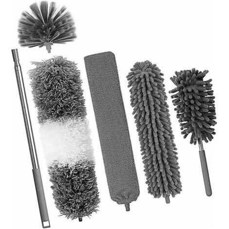 6 pièces Plumeau Poussiere Telescopique,plumeau Toile araignée,Plumeaux Microfibre Lavable Tête Nettoyage Différentes, Plumeau Télescopique pour Ventilateur Plafond, Toile Araignée- (1/4)