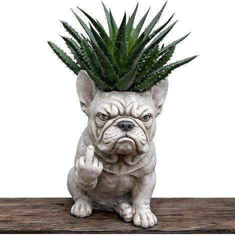 Pot de fleurs amusant en forme de bouledogue français, statue de chien en résine, pot de fleurs pour plantes grasses, décoration intérieure ou extérieure (G1) (G2) (1/5)