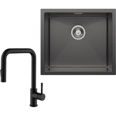 Unterbauspüle mit 1 Becken 50×44CM Edelstahlspüle Anthrazitschwarz + Küchenarmatur mit 2 Strahlarten Schwarz ausziehbarer Spültischarmatur, Höhe 354 mm (1/5)