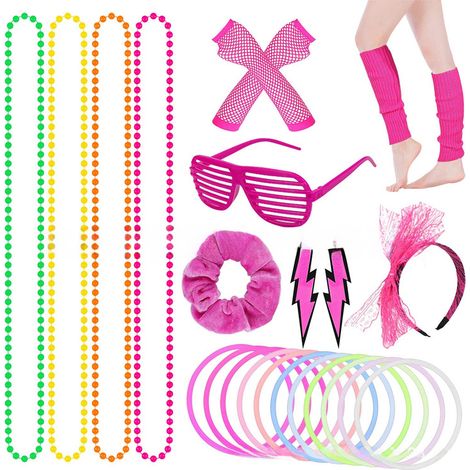 Gants en filet de pêche rose, bandeau à nœud en dentelle, collier, bracelet et élastique à cheveux arc-en-ciel, ensemble pour bal de promo années 80 (1/5)
