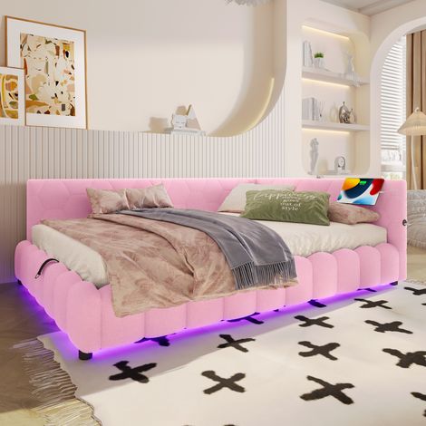 Lit coffre 140x200 cm avec rangement hydraulique, LED multicolore, USB Type-C, velours, rose(Sans matelas)
