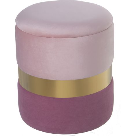 Pouf de Rangement Velours Rose 2 Tons, Bande Acier Doré 7C °37X43 Cm, Poly╔Ster/Dm (1/4)