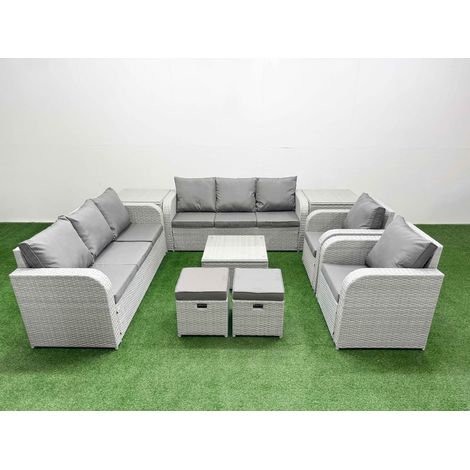 Fimous PE Rattan High Back Lounge Sofa Set Patio Square Coffee Table & Chairs Set with 3 Seater Sofa Reclining Chair Stools 2 Side Table Light Grey (1/4)
