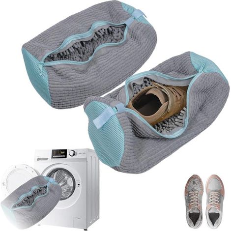 Lot de 2 Sacs de Lavage Gris Chaussures Réutilisables, Sac à Linge avec Brosse Textile pour Machine à Laver, Filet de Lavage Chaussures