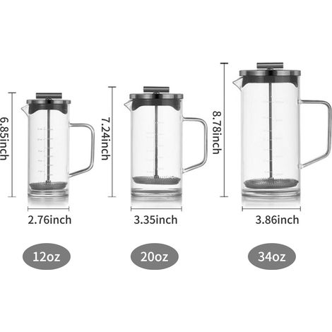 French-Press-Kaffeebereiter (355 ml) mit hochdichtem Edelstahl, hitzebeständigem Borosilikatglasfilter und verstärktem Boden. (1/5)