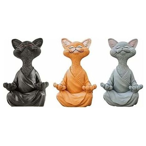 Lot de 3 statues de chat méditant – Bouddha heureux en forme de chat – Statue de chat zen pour la méditation ou le yoga – Sculpture détendue pour la maison ou l'extérieur (1/5)