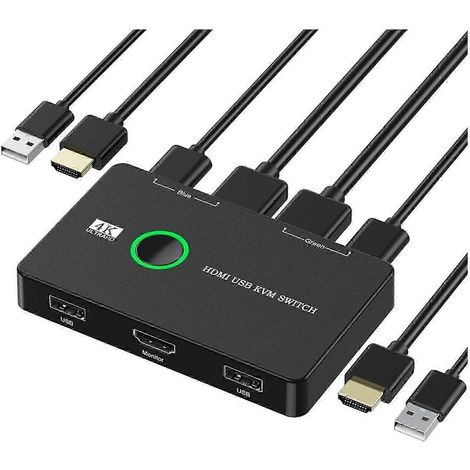 Commutateur KVM 4K HDMI USB pour 2 ordinateurs, partage clavier, souris, imprimante et un moniteur HD, avec 2 câbles HDMI et 2 câbles USB (2025) (1/5)
