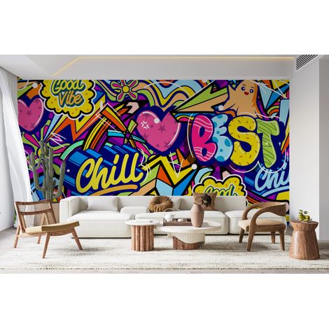 Papier peint graffiti - motifs et tags chill multicolores - 150 x 250 cm (1/2)