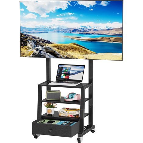Support TV roulettes pour TV de 32 à 60 Pouces, Support TV sur Pied avec Tiroir Tissu et Rangement Etagère, Pied TV Mobile Hauteur Réglable, Max. Vesa 400x400 mm, Jusqu'à 40 KG, Noir