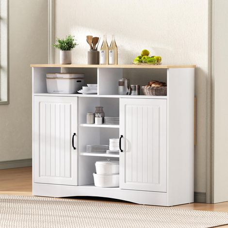 Îlot de cuisine sur roulettes, coin repas extensible avec chaises, buffet avec grand espace de rangement, idéal pour la cuisine et la salle à manger comme buffet (blanc)