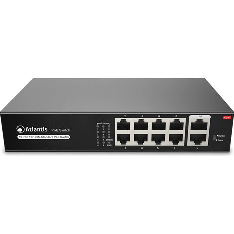 Atlantis Switch PoE 10 Ports 10/100Mbps 8 PoE Ports 115W 30W Per Port VLAN Extended 250M Rack 19" Desktop Metal A02-F10P8-120W (1/5)