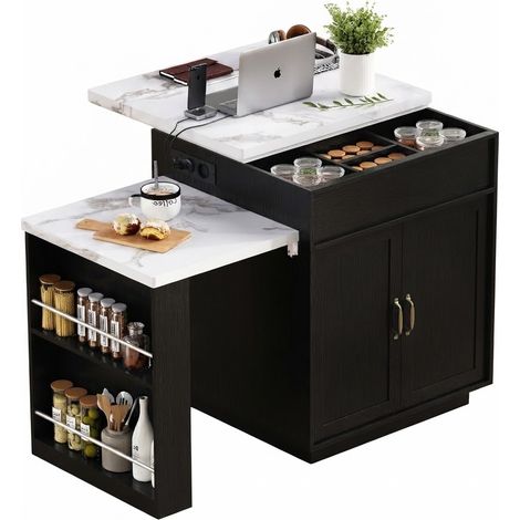 ELVMI Ausziehbarer Esstisch für 4 Personen mit LED, Schubladen und offenen Fächern, MDF, Schwarz, 125.5 x 71 x 93 cm (1/5)