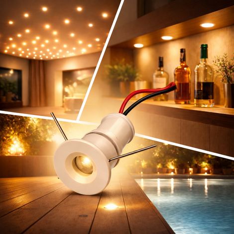 Mini faretto LED Bianco da incasso 1W 12V IP65 punto luce calda 3000K cielo stellato per bagno doccia esterno segnapasso scale vetrine mobili camper