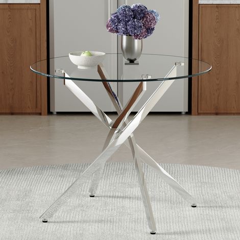 Table ronde en verre trempé 88 cm cadre métal argenté,design luxueux discret pour 2 à 4 personnes et petit appartement.