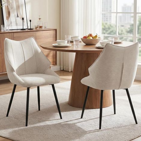 Lot de 2 chaises de salle à manger en velours côtelé, dossier capitonné, pieds métal, blanc (1/5)