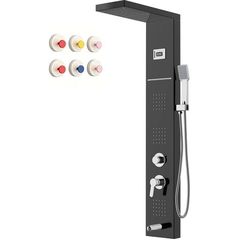 Colonne de Douche Hydromassante ,Affichage LED la Température,Robinet 5 Fonctions,Pluie, Cascade,Massage, Bec de Baignoire et Pomme de Douche avec Tuyau,Acier Inoxydable Brossé 1100 mm (Noir) (1/5)