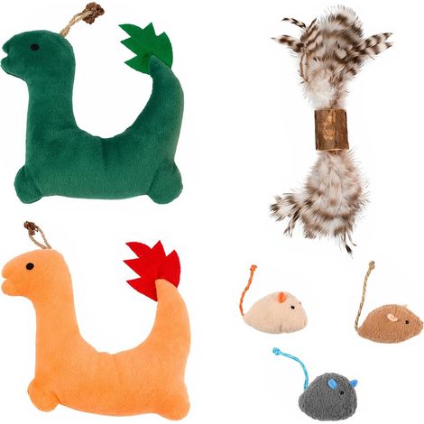 Lot de 6 Jouets pour Chat Interactifs - 2 Dinosaures en Peluche, 1 Bâton de Matatabi Naturel, 3 Souris avec Herbe à Chat - Jouet à Mâcher et Griffoir pour Chats d'Intérieur (1/5)