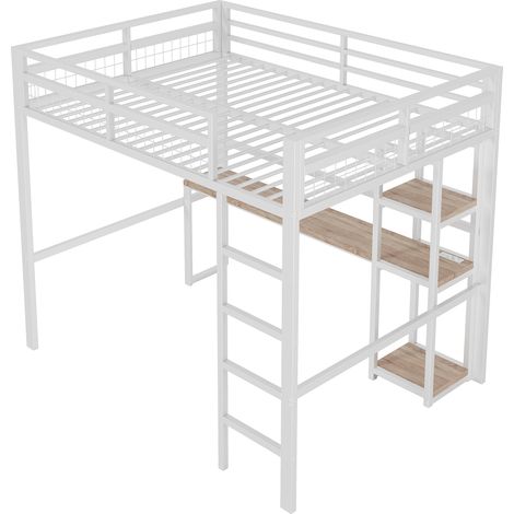 Cama alta 140 x 200 cm de metal blanco con escritorio, estantes, USB Tipo-C y escalera (1/5)