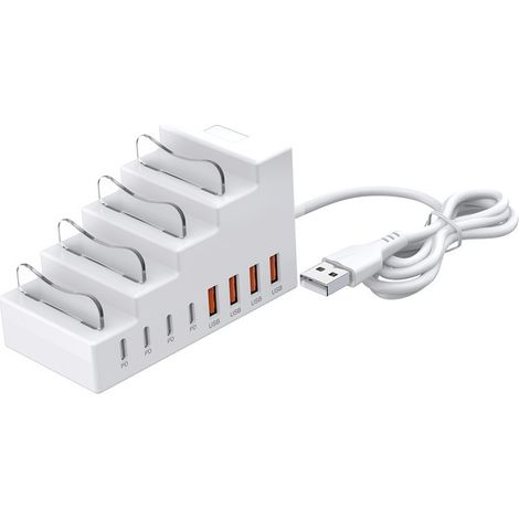 Station charge bureau 66W blanche 8 ports 4 USB-A 4 USB-C PD adaptée maison équipe plug-and-play multi appareils (1/5)