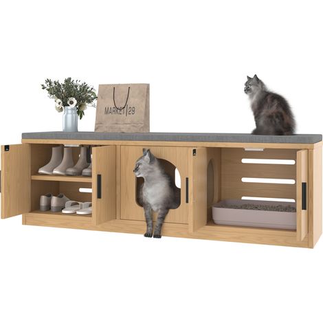 Meuble à chaussures pour chat 4-en-1 avec rangements, bac à litière caché, aération, tapis griffoir et étagères réglables, décor bois clair - CHICFURN (1/5)