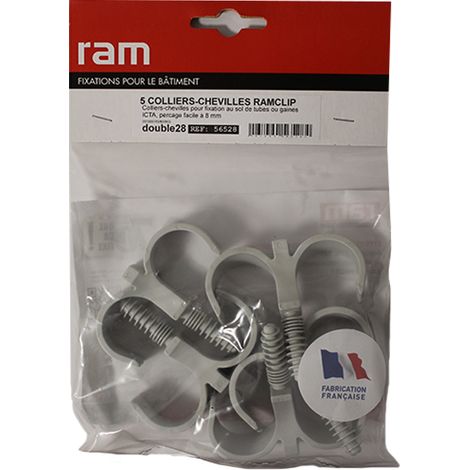 5 colliers cheville RAMCLIP double gris pour tube nu Ø28 à 32 et prégainé + prégainé duo Ø16 - RAM (1/2)