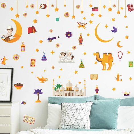 Stickers muraux Eid Mubarak (4 feuilles) : Lune, Étoile, Château, Chameau, Décoration de fenêtre pour la fête islamique du Ramadan (salon) (1/4)