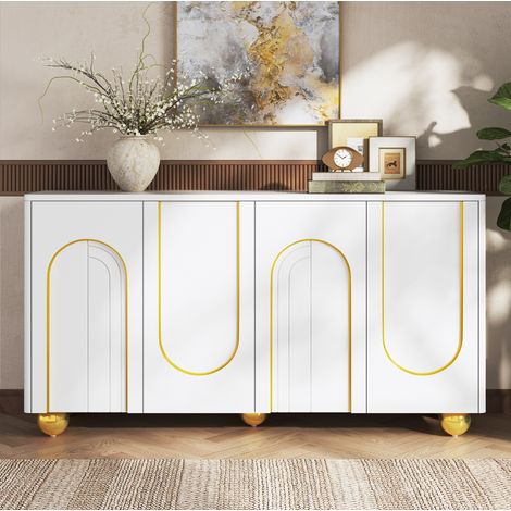 Credenza a 4 ante con decorazione a linee dorate, 140 x 40 x 74 cm, bianco HAVRYA (1/5)