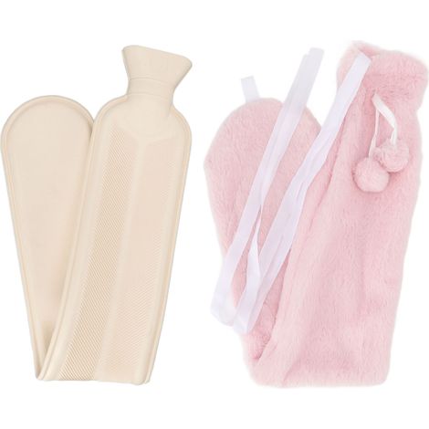 Bouillotte longue en caoutchouc – 2000 ml – Housse en peluche rose – Chauffe-corps (1/5)