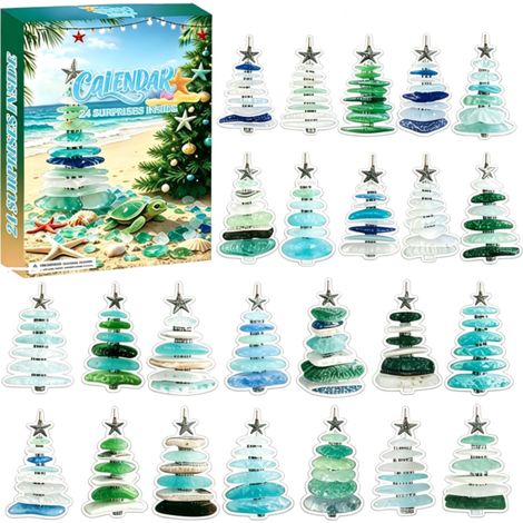 24-tägiger Überraschungs-Adventskalender, Ozean-Stil, 2D-Acryl-Flach-Weihnachtsbaumschmuck im Meeresglas-Stil (hellblau) (1/5)