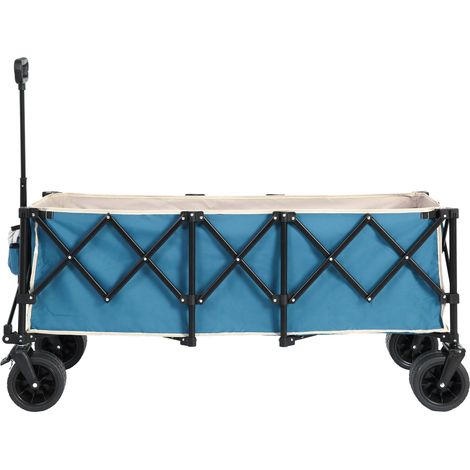 Foldable Extended Wagon with 220lbs Weight Capacity, Heavy Duty 300L Folding Utility Garden Cart with Big All-Terrain Beach Wheels & Drink Holders. Blue