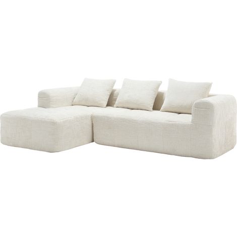 Canapé d'angle moderne 3 places en chenille beige avec méridienne et accoudoirs (1/5)