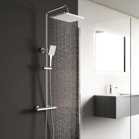 Colonne de Douche Thermostatique, Colonne de Douche avec Mitigeur, Hauteur Réglable, 26 x 19 cm Douche de Tête, Ensemble de Douche pour Salle de Bain, Carré, Chromé (1/5)