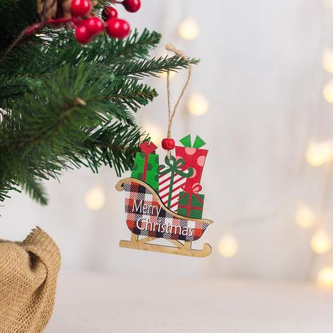 4-teiliger Weihnachtsschmuck-Anhänger im Gitterstil, Weihnachtsbaum-Anhänger, Frohe Weihnachten, Holzanhänger (Stil 1) (1/5)