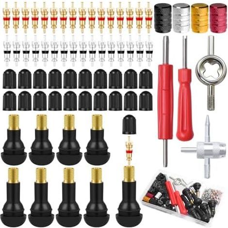 Valve Pneu Voiture TR412 TR413, 96 PCS Demonte Obus Kit, avec Extracteurs de Noyau Core, Capuchons Valve, Outil Kit Reparation pour Valves Tubeless Pneus Voitures, Vélos, Motos - (1/5)