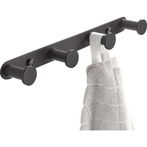 Pratique Patère Murale avec 4 Crochets en Acier Inoxydable Porte Manteau Porte-Serviette Chapeau Finition Noire Matte Set d’Accessoire Toilettes Salle de Bain