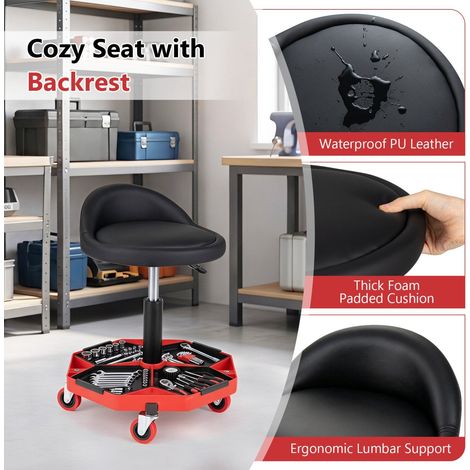 Height Adjustable Garage Stool with PU Leather Seat, Black/Red (1/5)