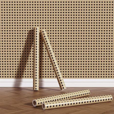 Papier peint PVC à motif nid d'abeille 3D, tapis rétro en bambou tissé, papier peint autocollant décoratif, 45 × 1000 cm (1/5)