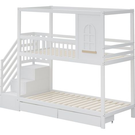 Litera infantil de madera blanca 90 x 200 cm con cajones y escalera de seguridad (1/5)