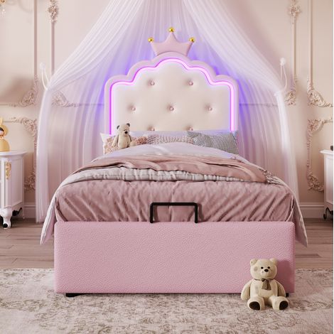 Lit capitonné enfant 90x200 cm rose en PU et MDF, avec sommier à lattes, LED et coffre relevable (1/5)