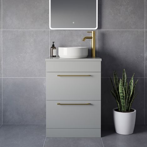 Napoli 390 Gloss Grey Pearl 600mm 2 Drawer Vanity Unit for Countertop Basins - 600mm - Brushed Brass 320mm Handle