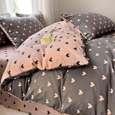 Parure de lit 220x240 cm Rose Noir Cœurs Housse de couette réversible Microfibre