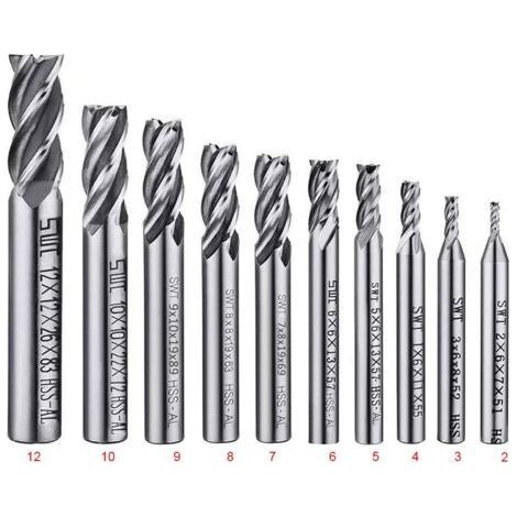 Lot de 10 forets à 4 cannelures - de 2 à 12 mm Fraise en Bout- Ensemble de forets à tige droite HSS CNC pour perceuse - Ensemble d'outils pour bois, aluminium, acier et titane (1/2)