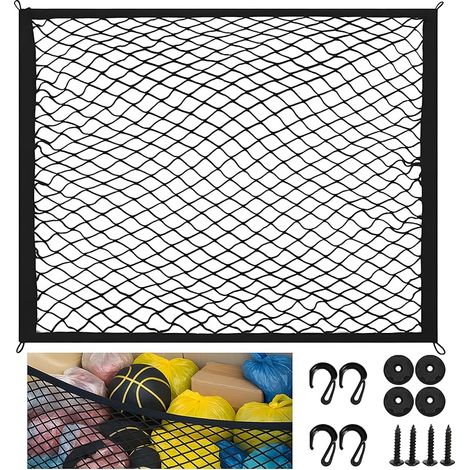 80 x 60cm Filet Coffre Voiture avec 4 Crochets Solides, Filet Rangement Camping Car, Peut Être Étendu Jusqu'À 160x120cm, Organisateur Fixe Bagages Extensible Élastique pour Voitures Plupart (Noir) (1/5)