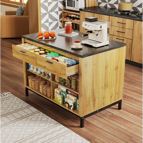 Isola da cucina 120×75×90 cm con piano effetto marmo, 2 cassetti e 4 ripiani aperti (1/5)