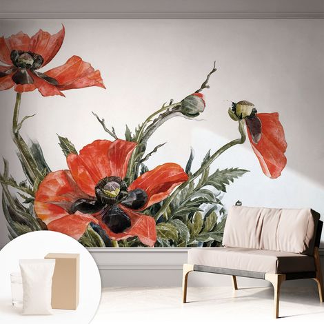 Papier peint décoratif avec colle pour salon, chambre à coucher et bureau – Design moderne et facile à poser Coquelicots rouges 312x219 cm (1/5)